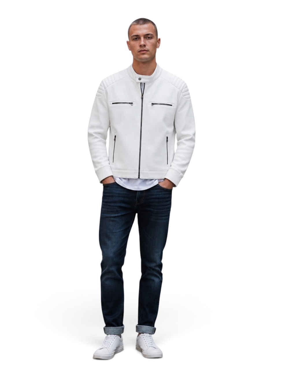 Zara White Biker Jacket with Zipper Accents - Picture 1 of 3
